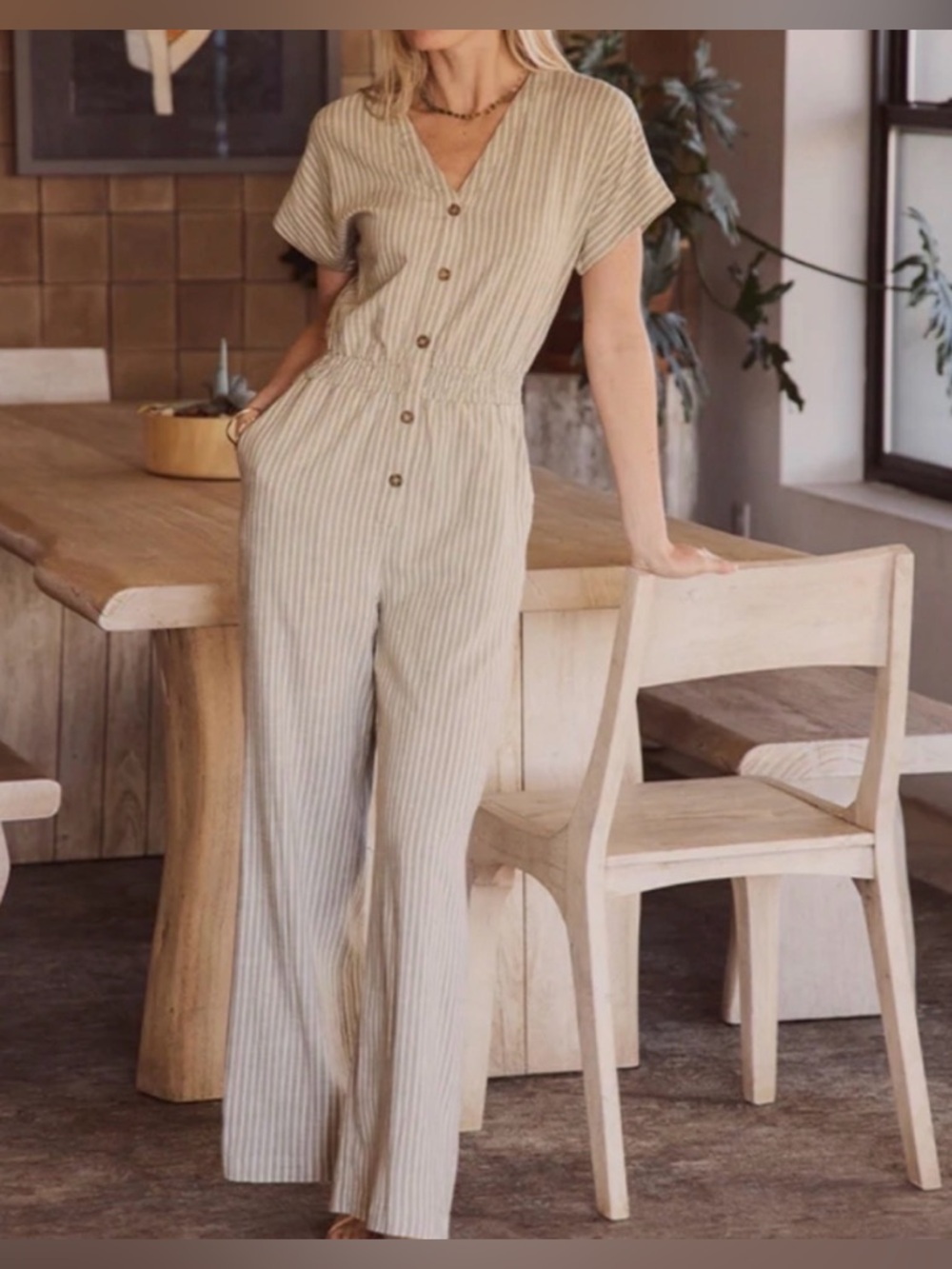 Marine Layer Lia Wide Leg Olive Striped Jumpsuit Size S